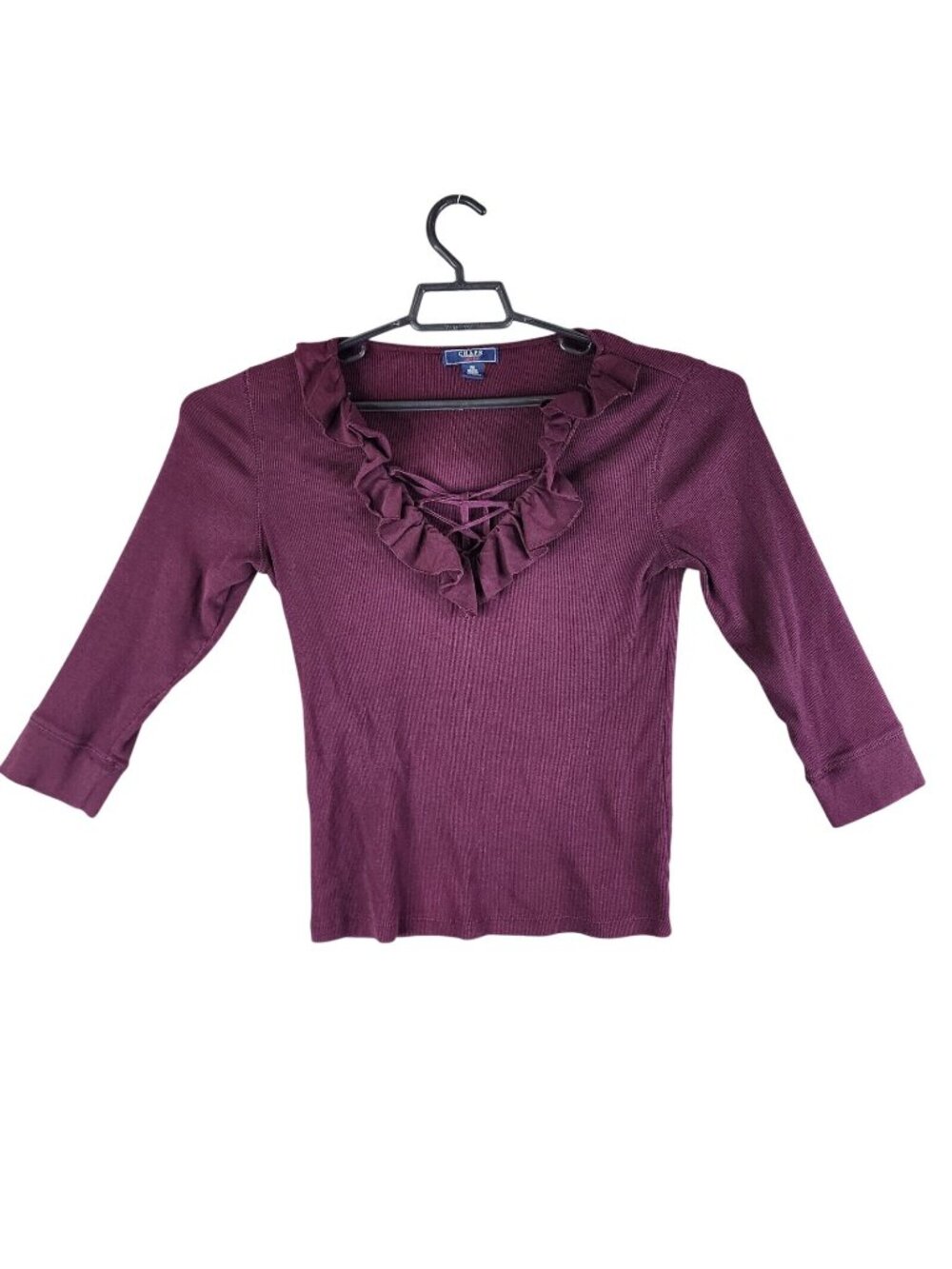 Womens Chaps Denim Burgundy Ruffle Tie Neck Knit Top Long Sleeve Cotton Size M